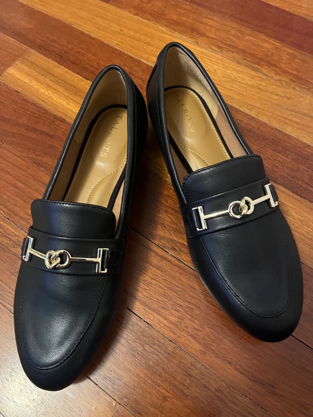 Talbots Black Leather Loafers with Gold Bit Detail
